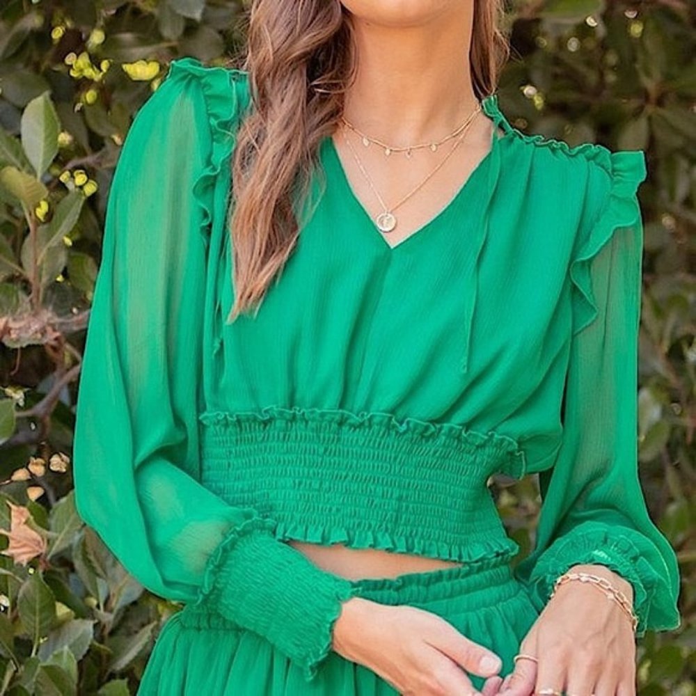 Green Ruched Sheer Sleeve Blouse